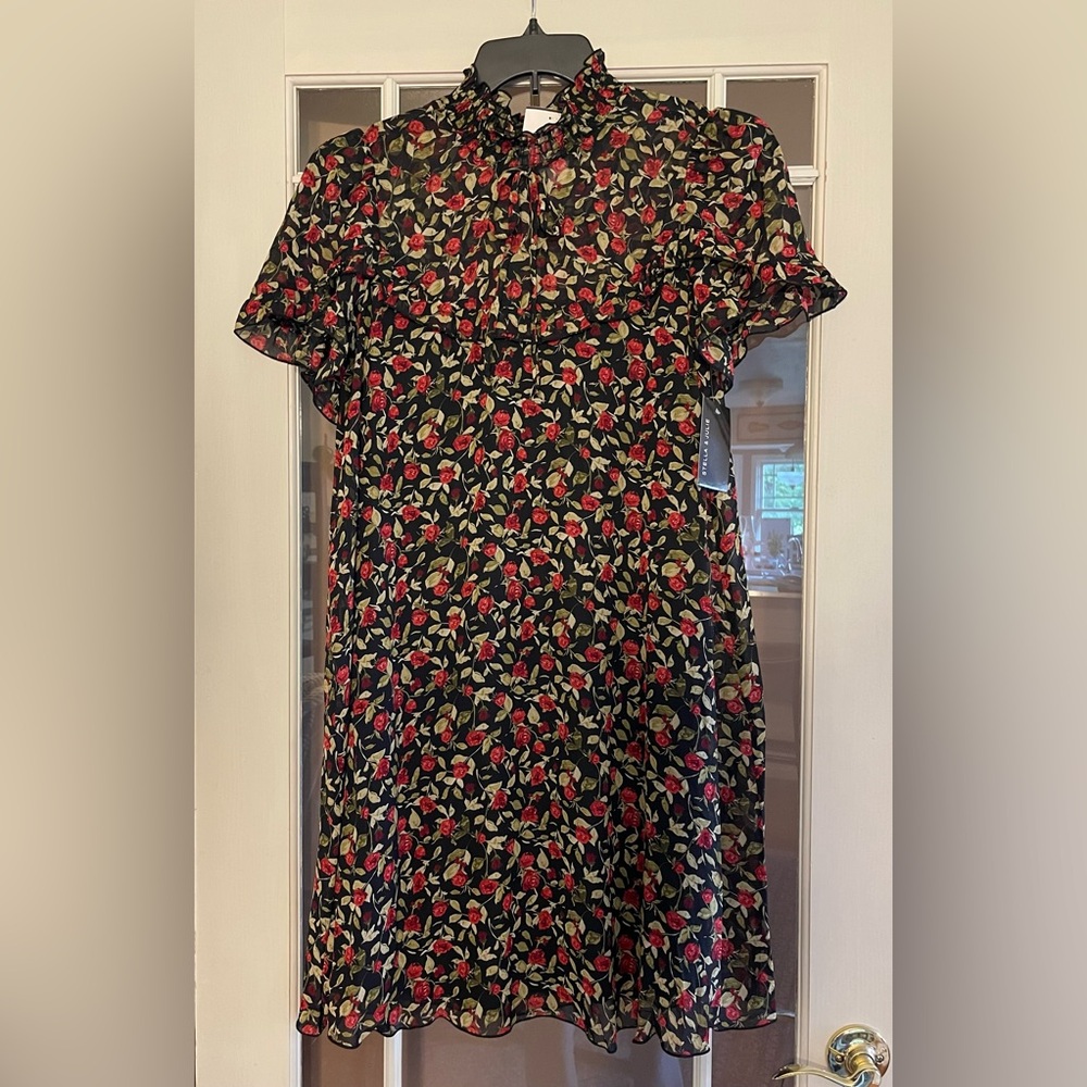 Stella & Julie Black & Red Floral Smock Neck Mini Dress